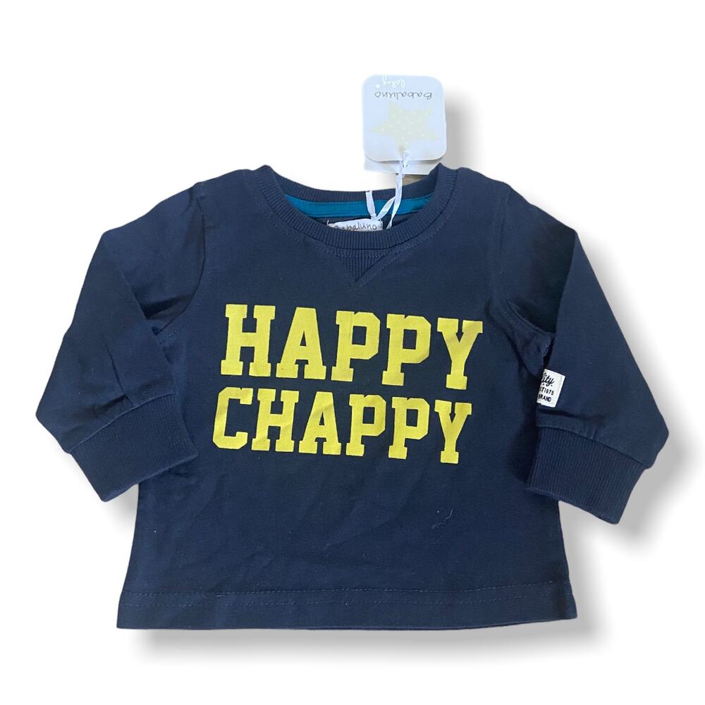 Babaluno Boys Shirt Size 3-6 Mo Happy Chappy Navy Blue‎ Long Sleeve Knit NEW